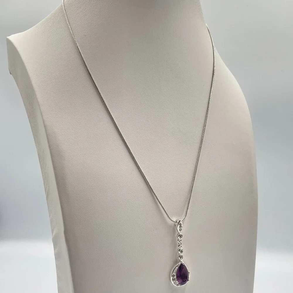 Vintage RMN Purple Pear Cut Glass Pendant Silver Tone Snake Chain Necklace